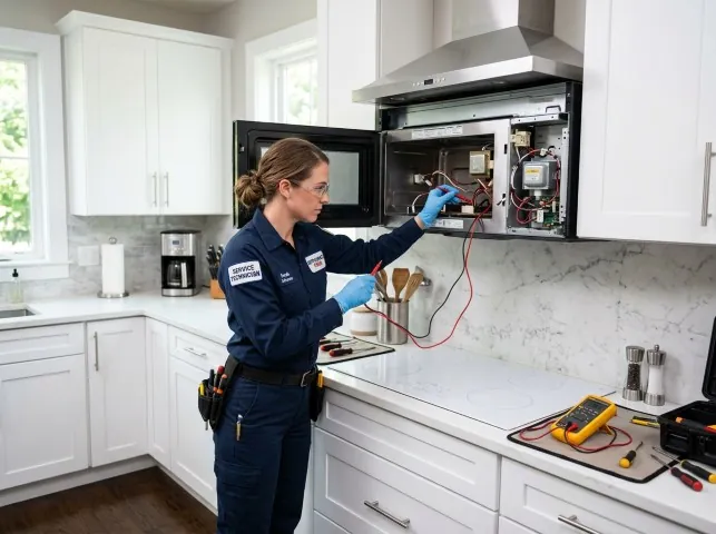 Appliance Repair Hero technician testing an over-the-range microwave in a Brainard, NY kitchen